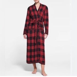 NWT Skims Cozy Knit Unisex Robe in Red/Black Plaid, Size S/M